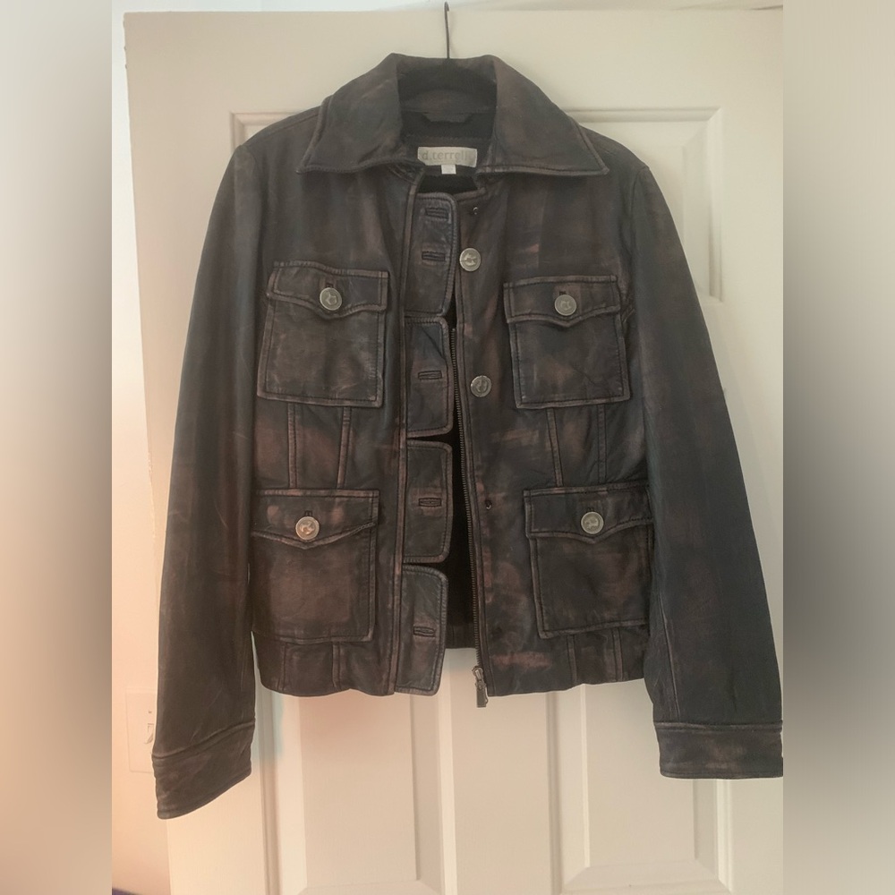 D. Terrell Distressed Button Bomber Jacket Brown … - image 2